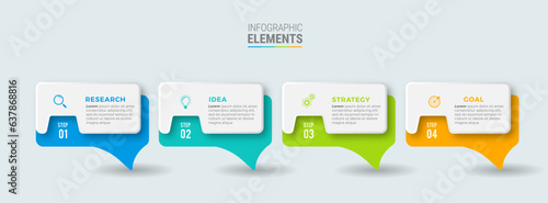Concept with 4 steps in a row. Six colorful graphic elements. Timeline design for flyers, presentations. Infographic design layout