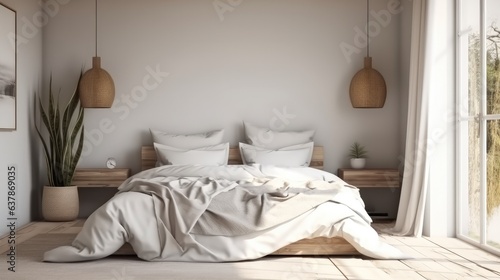 Bedroom interior with wooden floor and white bed  Beige blanket and basket and wicker lamp on wall.