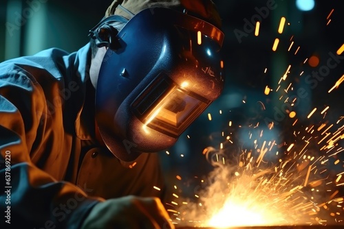Man welds at the factory, Welder with sparks. © visoot