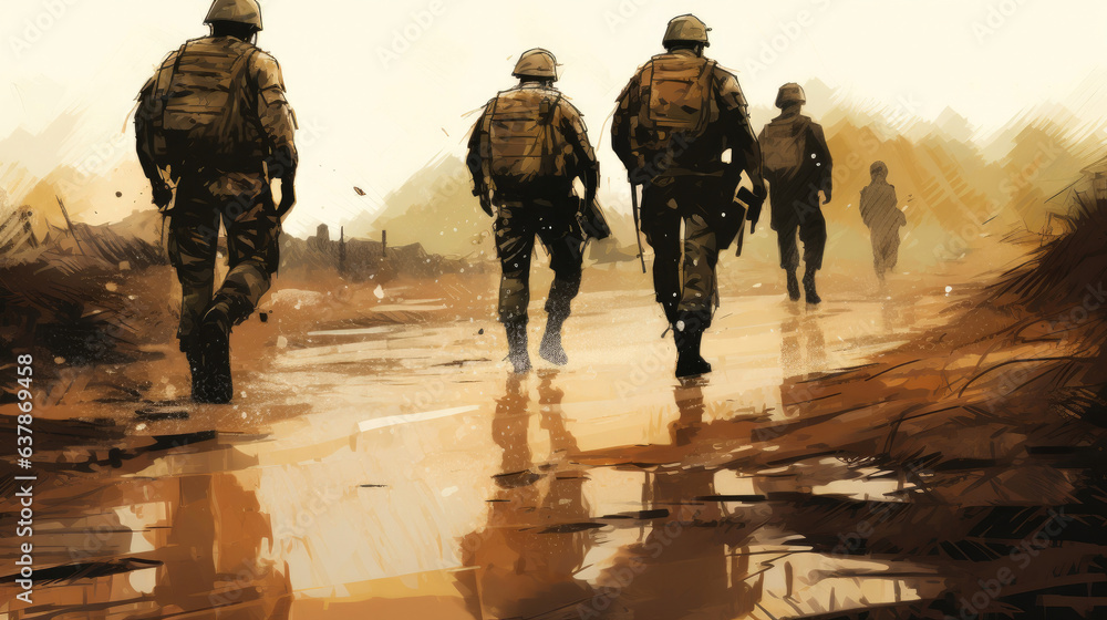 Formation of US Troops Walking in Uniform on Muddy Road Formation of US Troops Walking in Uniform on Muddy Road