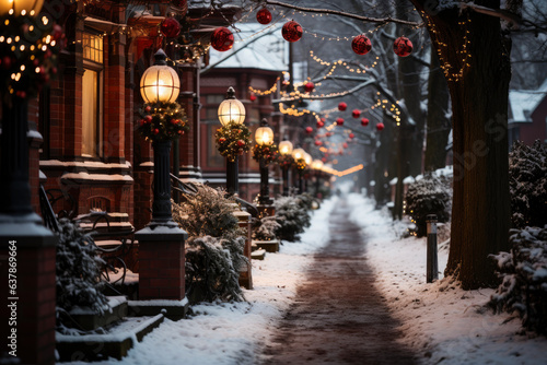 City winter snowy street decorated with luminous garlands and lanterns for christmas, urban preparations for new year