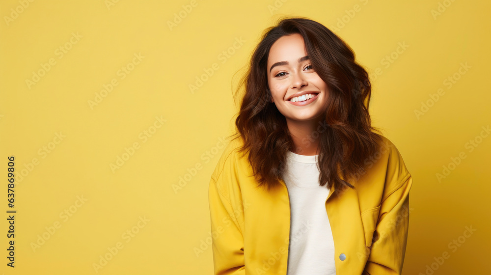 Stylish Half-Asian Model Smiling Against a Yellow Backdrop Stylish Half-Asian Model Smiling Against a Yellow Backdrop