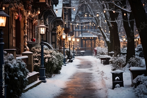 City winter snowy street decorated with luminous garlands and lanterns for christmas  urban preparations for new year