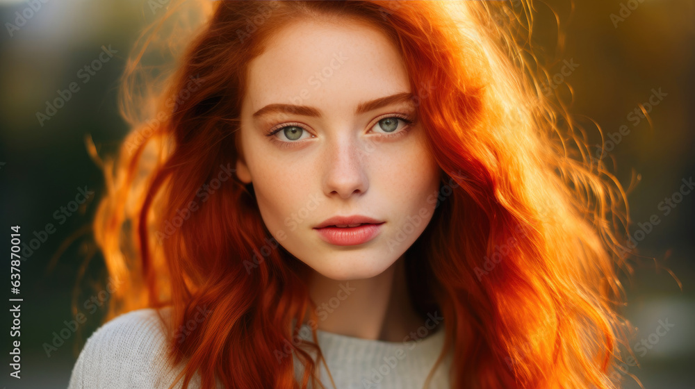Red-Haired Model in Autumn Makeup on Vibrant Orange
