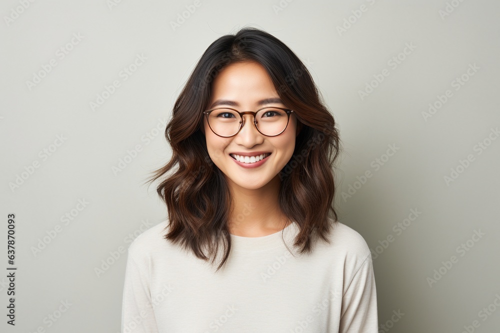 happy smiling asian female with plain background