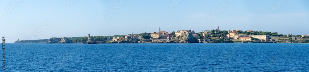 Italy Archipelago Toscano Livorno, visit to the island of Pianosa, arrival from the sea on the island panoramic view of the coast profile - obrazy, fototapety, plakaty 