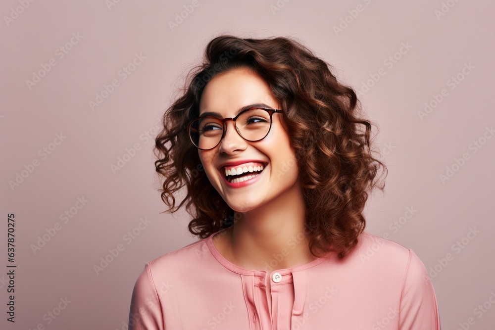smiling happy laughing female wearing glasses with plain neutral background smiling happy laughing female wearing glasses with plain neutral background