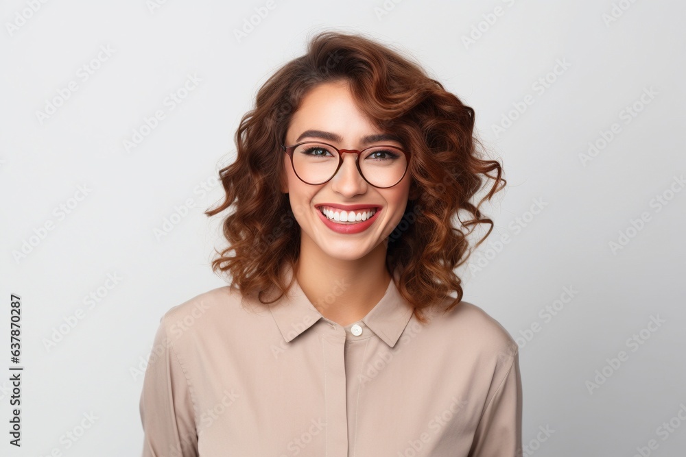 smiling happy laughing female wearing glasses with plain neutral background