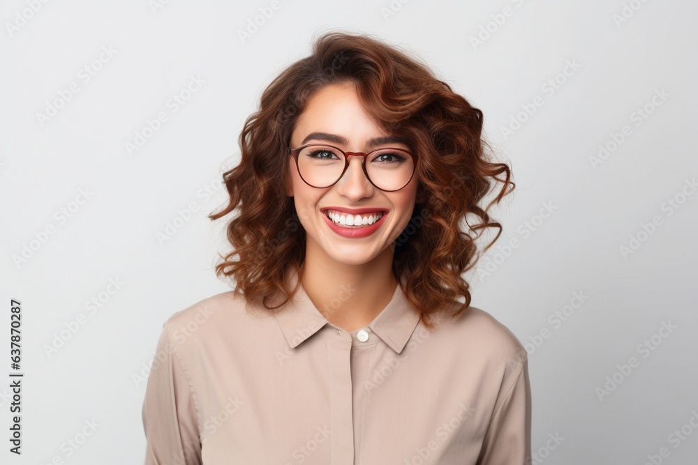 smiling happy laughing female wearing glasses with plain neutral background smiling happy laughing female wearing glasses with plain neutral background
