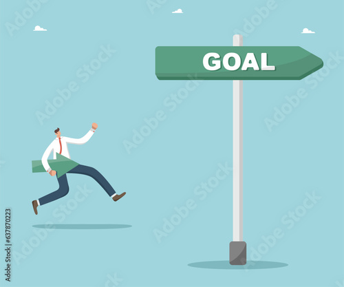 Winning strategy or plan to achieve goals, setting and planning path to success and achieving heights in work, new opportunities and solving difficult situations, man runs with an arrow at goal sign.