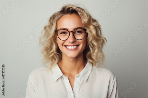 woman wearing glasses laughing and smiling on neutral background