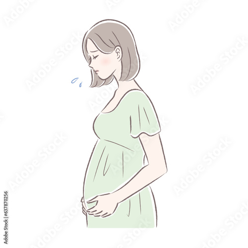 妊娠中期のお腹の張りやトラブルに悩む妊婦さんのイラスト
