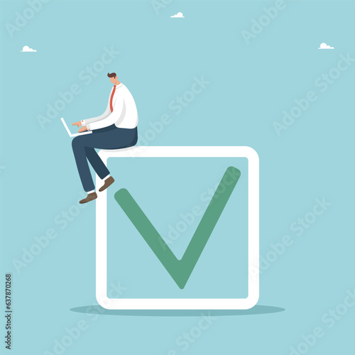 Choice concept. Online-questioning or voting, survey or testing. Successful completion of tasks, compliance with project deadlines, successful closing of transactions. Man sits on cell with check mark