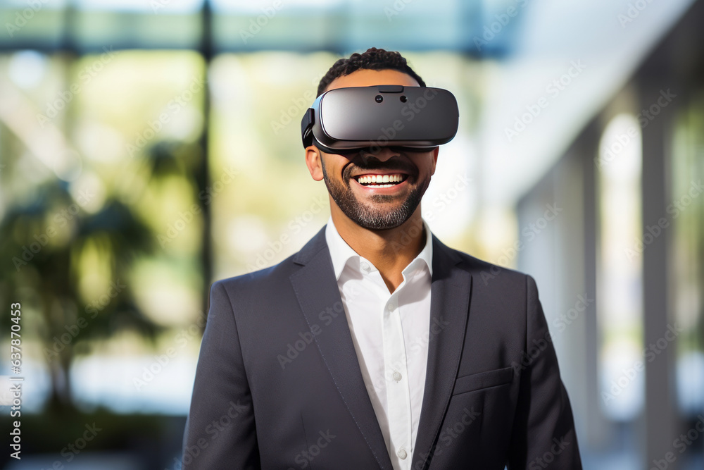 Portrait of smiling man wearing Virtual Reality glasses. Portrait of smiling man wearing Virtual Reality glasses.