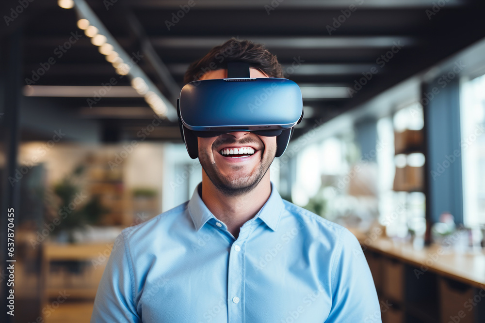 Portrait of smiling man wearing Virtual Reality glasses. Portrait of smiling man wearing Virtual Reality glasses.