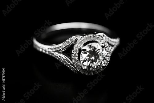 catalogue photo closeup of wedding ring made of white gold, black background .