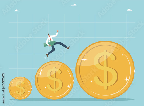 Increase in income and wages, financial growth and enrichment, increase in value of business and investment portfolio, rise in living standards and GDP, a man with arrow runs on increasing coins.