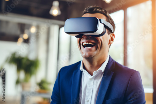 Portrait of smiling man wearing Virtual Reality glasses. © AI_images