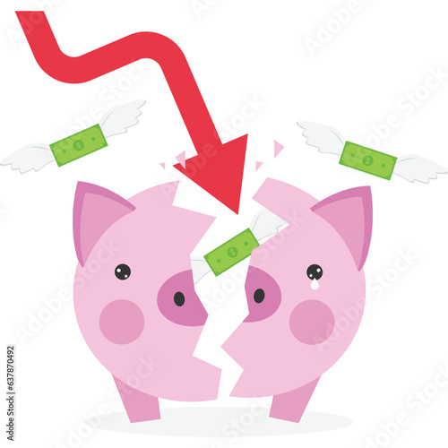 Economic slump and money saved in piggy banks, Vector illustration in flat style