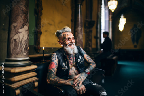 Wallpaper Mural smiling old tattooed fashion man with bold hair smoking a cigarette in a church. Torontodigital.ca