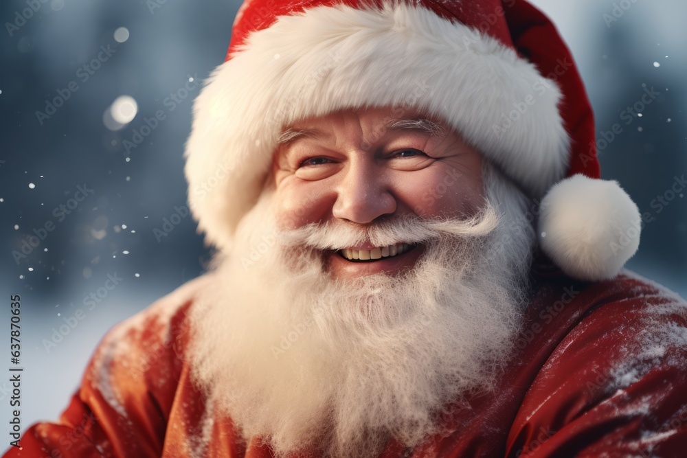 a happy and cheerful Santa Claus standing by a sleighs in North Pole a happy and cheerful Santa Claus standing by a sleighs in North Pole