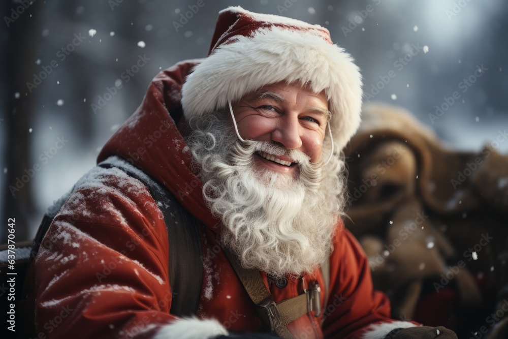 a happy and cheerful Santa Claus standing by a sleighs in North Pole a happy and cheerful Santa Claus standing by a sleighs in North Pole