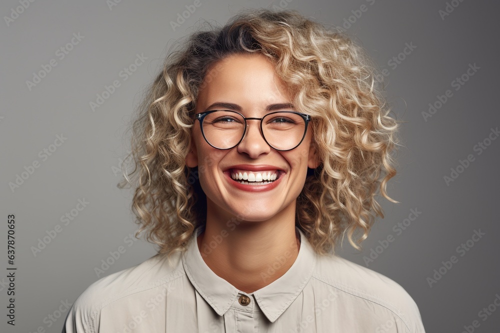 smiling laughing and happy middle aged female with plain background