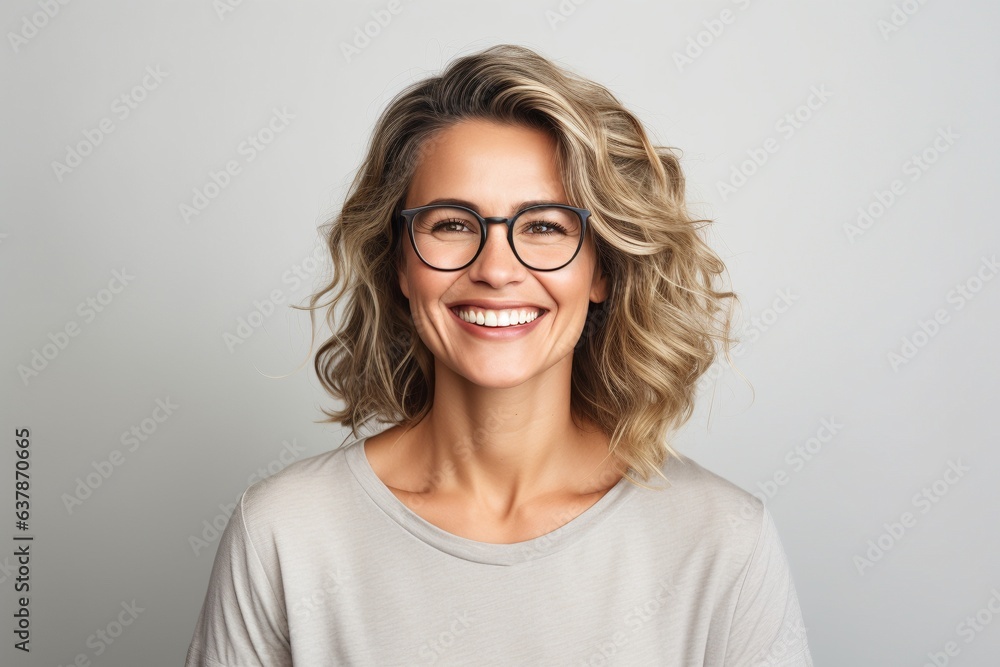 smiling laughing and happy middle aged female with plain background