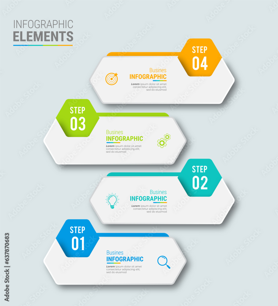 Concept with 4 steps in a row. Six colorful graphic elements. Timeline design for flyers, presentations. Infographic design layout Concept with 4 steps in a row. Six colorful graphic elements. Timeline design for flyers, presentations. Infographic design layout