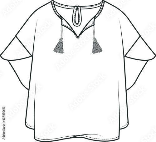 Top Fashion Flat Sketch with Embellishments. Apparel Design Template, T SHIRT Design Fashion technical drawings with tassel ornament detail