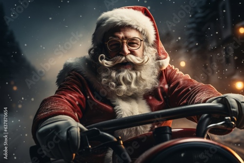 Santa Claus driving red sports car on Christmas day's, delivering presents