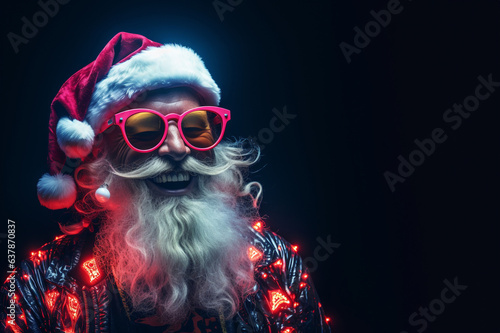 laughing Santa Claus in colorful costume. Neon lights. Christmas. Clean empty dark  background. Generative Ai.