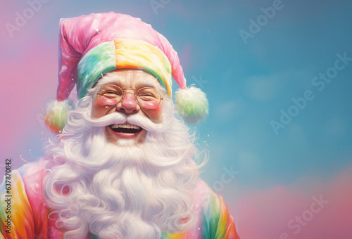 laughing rainbow Santa Claus in colorful costume. Christmas. Clean empty pastel background. Generative Ai.