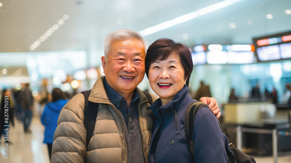 Joyful Asian Elderly Pair Sharing Smiles at the Terminal Joyful Asian Elderly Pair Sharing Smiles at the Terminal