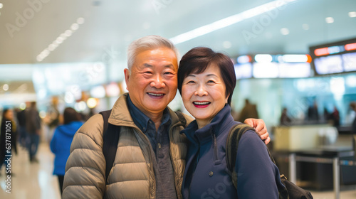 Joyful Asian Elderly Pair Sharing Smiles at the Terminal
