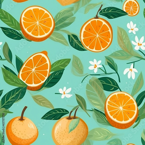 seamless pattern with orange slices and tropical leaves, , booru, nature-inspired imagery, playful and colorful depictions
