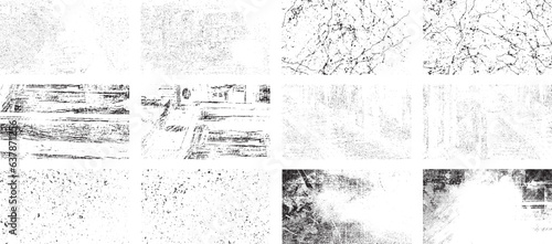 Overlay textures set stamp with grunge effect. Old damage Dirty grainy and scratches. Set of different distressed black grain texture. Distress overlay vector textures.	