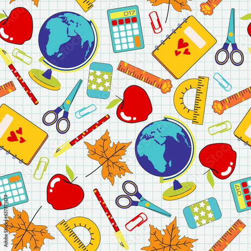 School seamless pattern with school supplies on a checkered background. Good for wrapping paper, scrapbooking, stationary, wallpaper, kids textile, etc. 