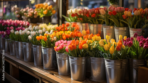 Tulip market stall flower bouquets in metal buckets