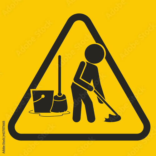 Bundle set illustration black pictogram icon moping floor with bucket, water and broom template icon for safety sign cleaning in progress, janitor, slippery when wet, caution wet floor, fall hazard