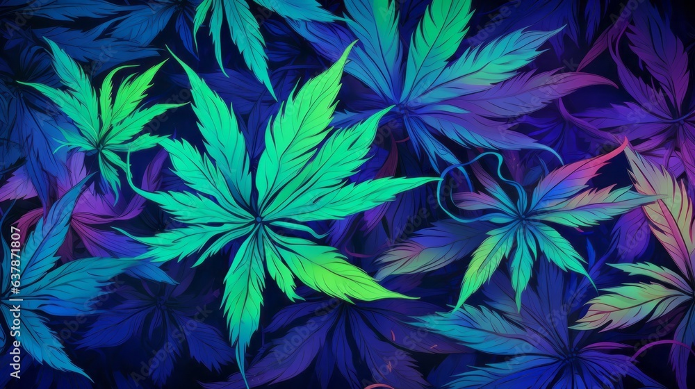Graphic art of vivid blue and green cannabis leaves. AI generative. Graphic art of vivid blue and green cannabis leaves. AI generative.