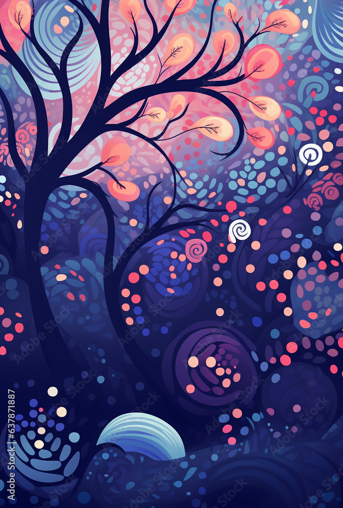 Abstract drawing of a tree on the left with pink leaves, against a background of multi-colored dots, on a dark blue background, generative ai