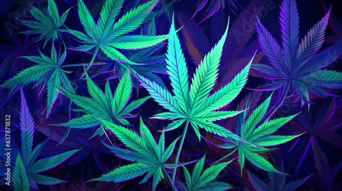 Graphic art of vivid blue and green cannabis leaves. AI generative.