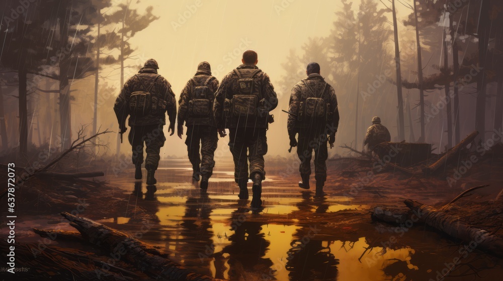 Illustration of back view crop group of soldiers. AI generative. Illustration of back view crop group of soldiers. AI generative.