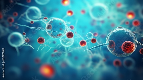 Human cell or Embryonic stem cell microscope background. AI generative.