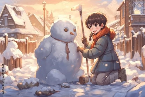 anime style setting, children make snowman