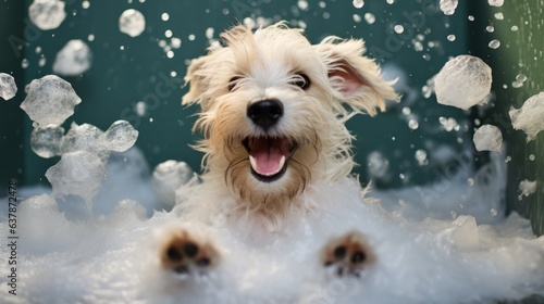 Joyful terrier dog in bathtub full of soap foam. AI generative