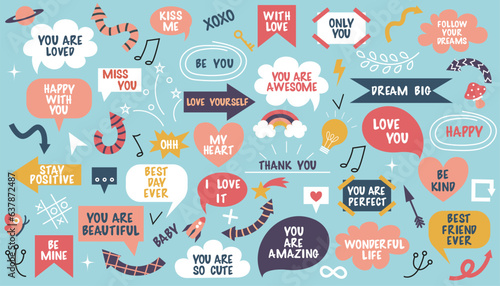 Hand drawn set of speech bubbles with compliments, motivational phrases, self love, dialogue of people in love, school correspondence. Cartoon icons, stickers, stickers, colorful elements and doodles.