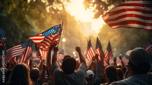 large group of people in an outdoor setting holding American flags, and have their hands raised in the air, they are cheering and celebrating national holiday