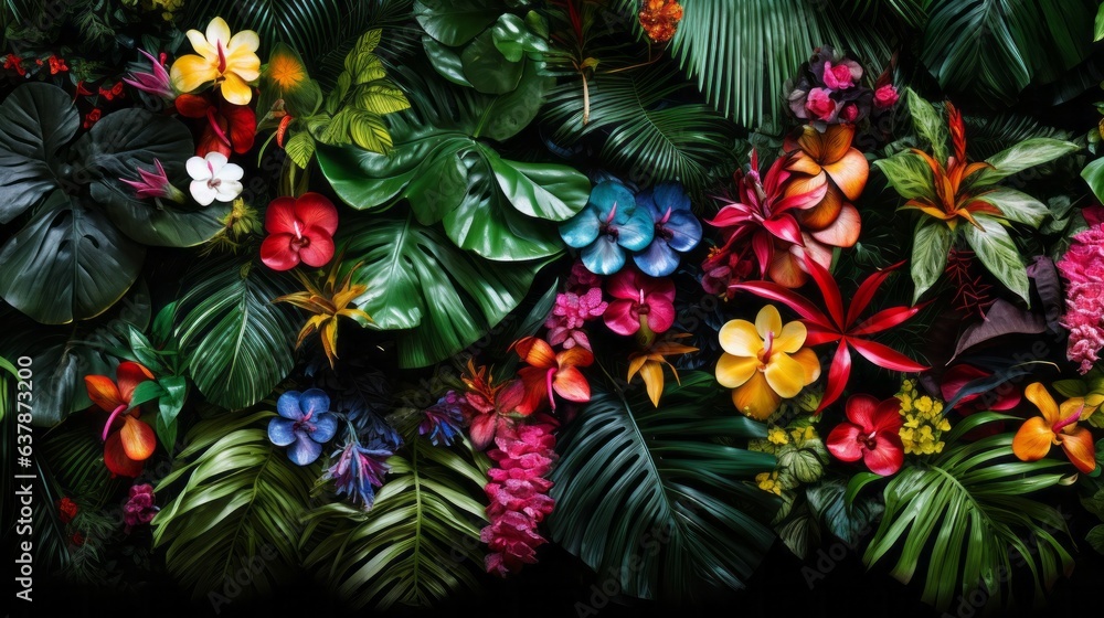Many brightly colored tropical plants are on a black wall. AI generative. Many brightly colored tropical plants are on a black wall. AI generative.